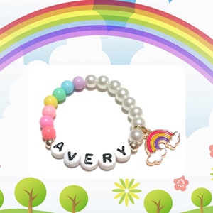 Personalized Rainbow Baby Bracelet: Pearl & Pastel Beads, Hope Charm