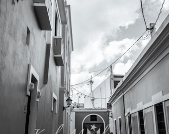 Puerto Rican Flag in Old San Juan Black and White Vertical Photo