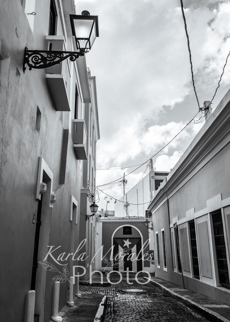 Puerto Rican Flag in Old San Juan Black and White Vertical Photo image 1