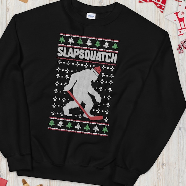 Christmas Hockey Sweater | Slapsquatch | Funny Bigfoot Sasquatch Ugly Xmas Sweatshirt