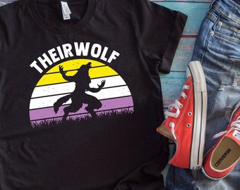 Nonbinary Pride Funny Wolf Howling Shirt | Theirwolf | Enby Flag Colors Non Binary Humor Gift