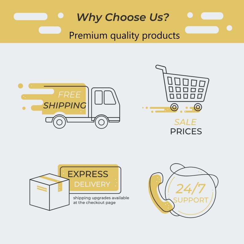 May include: An infographic with the text "Why Choose Us? Premium quality products." Features include a delivery truck with "Free Shipping," a shopping cart with "Sale Prices," a box with "Express Delivery," and a phone with "24/7 Support."