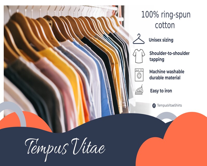 May include: A row of colorful t-shirts hanging on wooden hangers. The shirts are in various colors, including yellow, pink, and blue. The text on the image says "100% ring-spun cotton" and "Tempus Vitae".