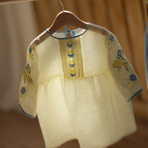 Embroidered linen baby girl dress for special occasion, Girl communion dress, Toddler organic linen yellow blue dress, Puff sleeve smock