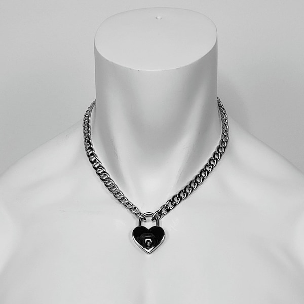Collier chaîne en acier inoxydable avec cadenas coeur - Collier cadenas en forme de coeur pour hommes et femmes, cadeau pour la Saint-Valentin - Fait main