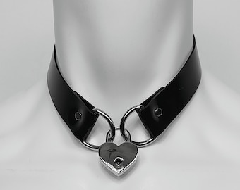 Stainless steel padlock PVC choker, vinyl choker with heart-shaped padlock accent piece - Handmade