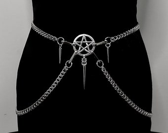 Waist belt Stainless Steel Pentagram Chain Belt: Silver Spike Hip Harness