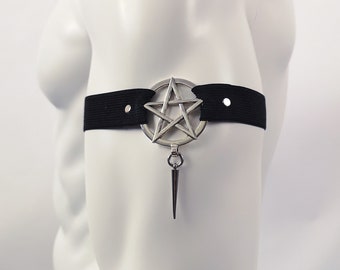 Pentagram Arm Band, Black Elastic Arm Band With Metal Pentagram Charm and Silver spike Pendant  - Handmade