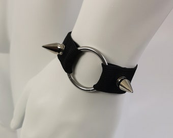 Elastic Spike Wrist Cuff Bracelet, Black Elastic Spike Bracelet With Metal O-ring Accent Piece, Unisex Bracelet - Handmade