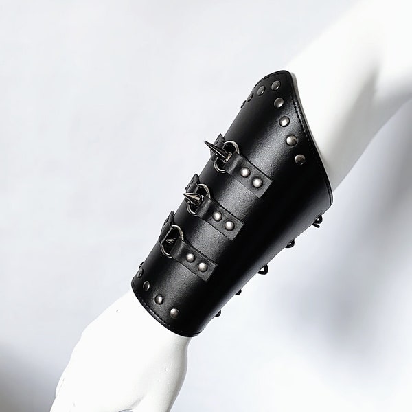 Faux Black Leather Spike Arm Brace, Spike Cuff With O-ring And Silver Rivet Detailing, Corset Arm Brace With Small, Medium & Large Spikes