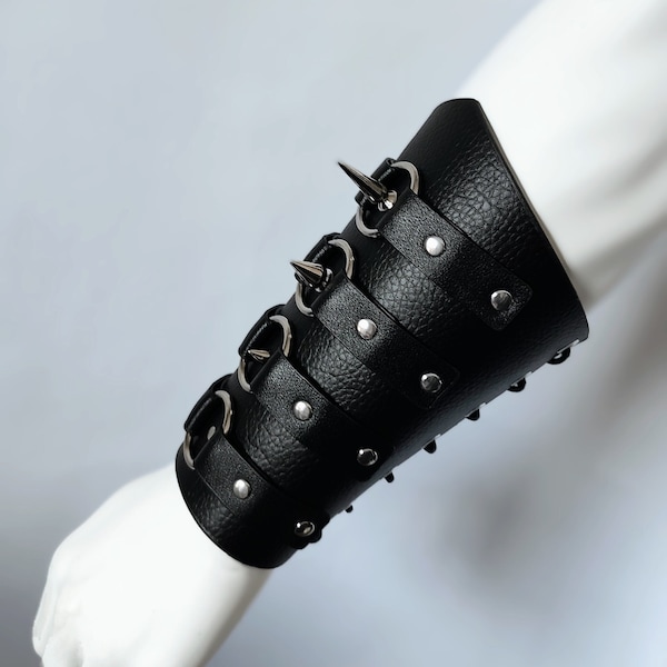 Faux Black Leather Spike Arm Brace, Spike Cuff With O-ring And Silver Rivet Detailing, Corset Arm Brace With Small, Medium & Large Spikes