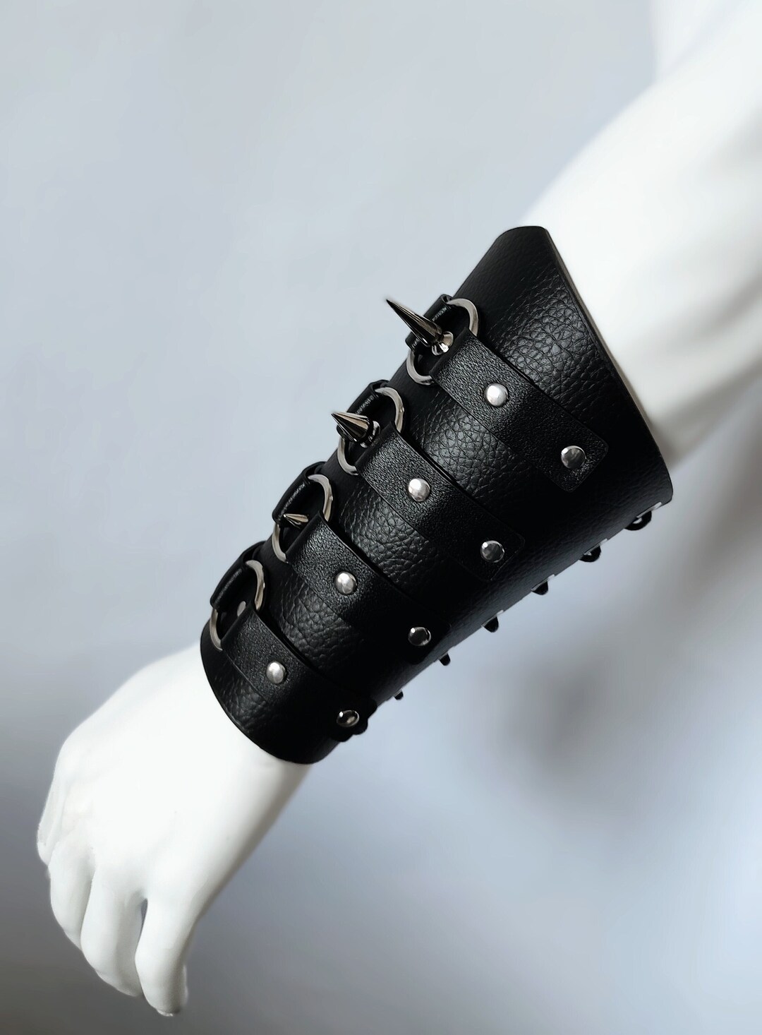 Faux Black Leather Spike Arm Brace, Spike Cuff With Oring and Silver Rivet Detailing, Corset