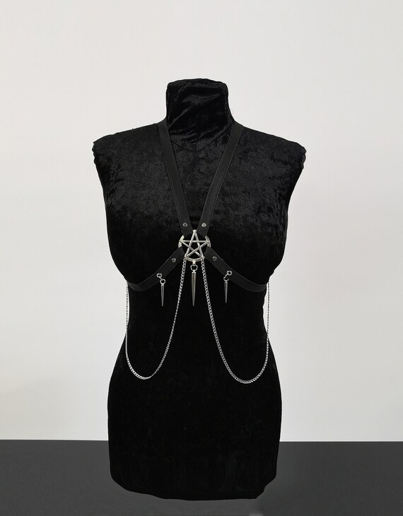 Black Gothic Chain Body Harness Apatico - Black Cathedral Chain Harness Belt - PVC - Art  main image 4