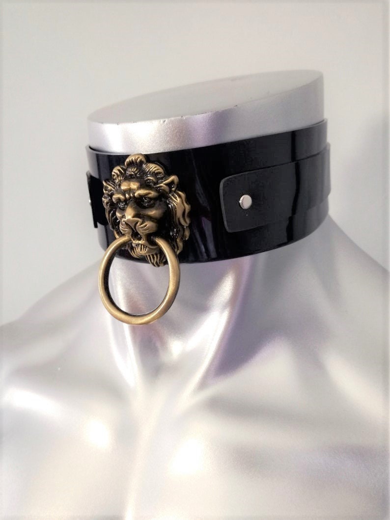 Lion head choker, High gloss black vinyl choker with antique bronze lion head accent piece, Unisex lion head choker - (DDP)