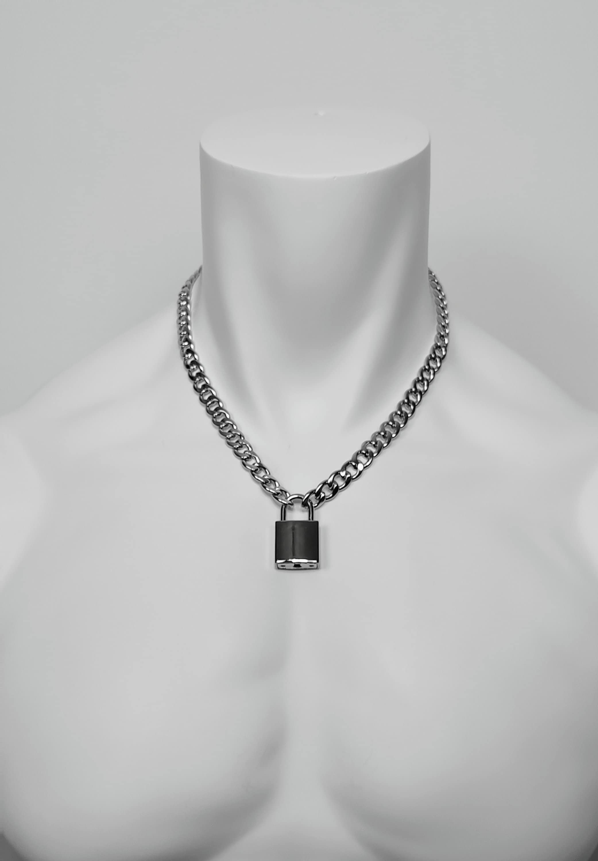 Stainless Steel Chain Necklace With Padlock Accent Piece Mens and