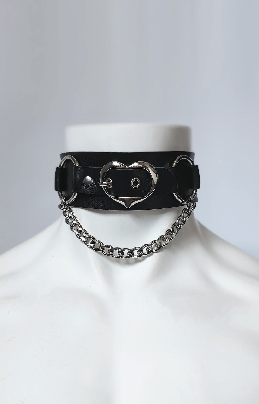 Faux Black Leather Heart Buckle Choker With Stainless Steel Chain ...