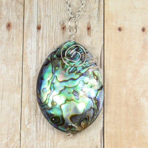 Abalone Shell Necklace, Blue Green Seashell Jewelry, Marine Biology Gift, Wire Wrapped Beach Pendant