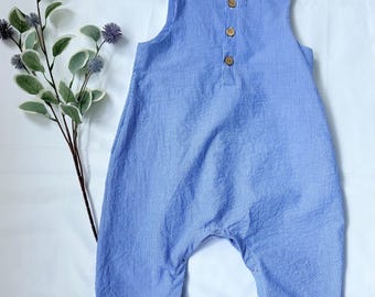Cotton Seersucker Baby Romper, Blue Pinstripe Overalls,  baggy  romper, dungarees, baby overalls