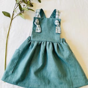 Teal Linen Pinafore Dress: Gingham Straps, Adjustable Knot