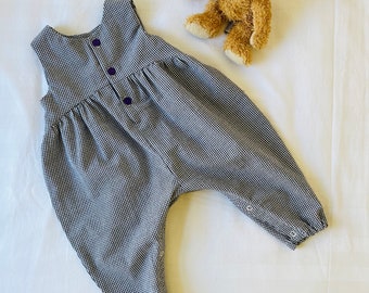 Gingham Seersucker Baby Romper: Black and White Cotton Dungarees