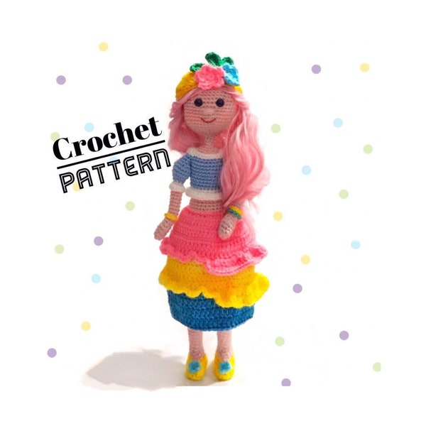 Patrón de muñeca a crochet: Muñeca amigurumi con traje de piña y cuerpo de una pieza (PDF)