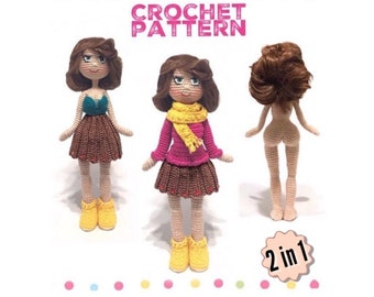 crochet doll pattern with clothes, crochet base doll with outfit, pdf, 2in1