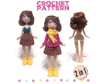 Crochet Doll Pattern, Base Doll with Clothes, 2-in-1 PDF