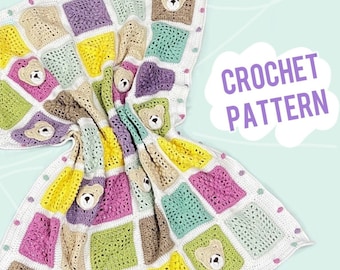 Bear Squares Crochet Blanket Pattern: Colorful Quilt-Style Baby Blanket (PDF)
