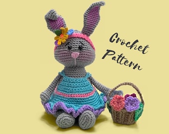 crochet bunny pattern, AMIGURUMI, flower basket, PDF tutorial, easter pattern, crochet animal pattern, Crochet Rabbit Pattern