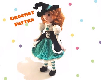 Crochet doll pattern, crochet Witch Doll Pattern, pdf tutorial, crochet pattern, amigurumi pattern, Halloween pattern, diy