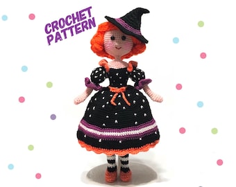 Crochet Doll Pattern: Witch Halloween Amigurumi Doll in Black Dress (PDF)
