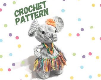 crochet elephant pattern, crochet amigurumi pattern, crochet toy, crochet hawaii outfit, crochet doll pattern , PDF download