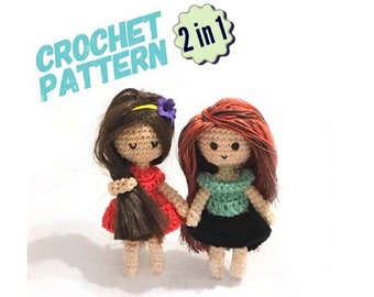 crochet mini doll pattern, 2in1, amigurumi, pdf, doll clothes, diy, toy, crochet keychain pattern