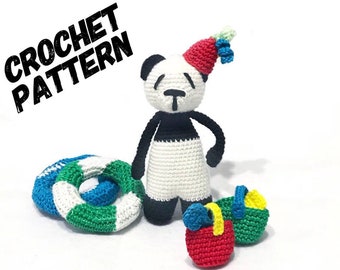 crochet amigurumi pattern, crochet Panda Pattern , crochet toy , cute panda , crochet panda at the beach, crochet doll pattern ,sea pdf