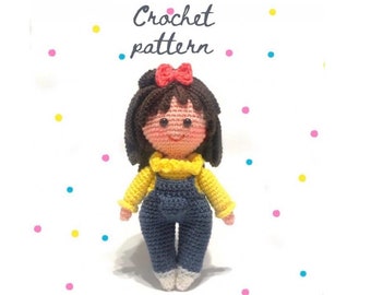 crochet doll pattern, crochet amigurumi pattern, pdf download, curvy doll, overall outfit pattern