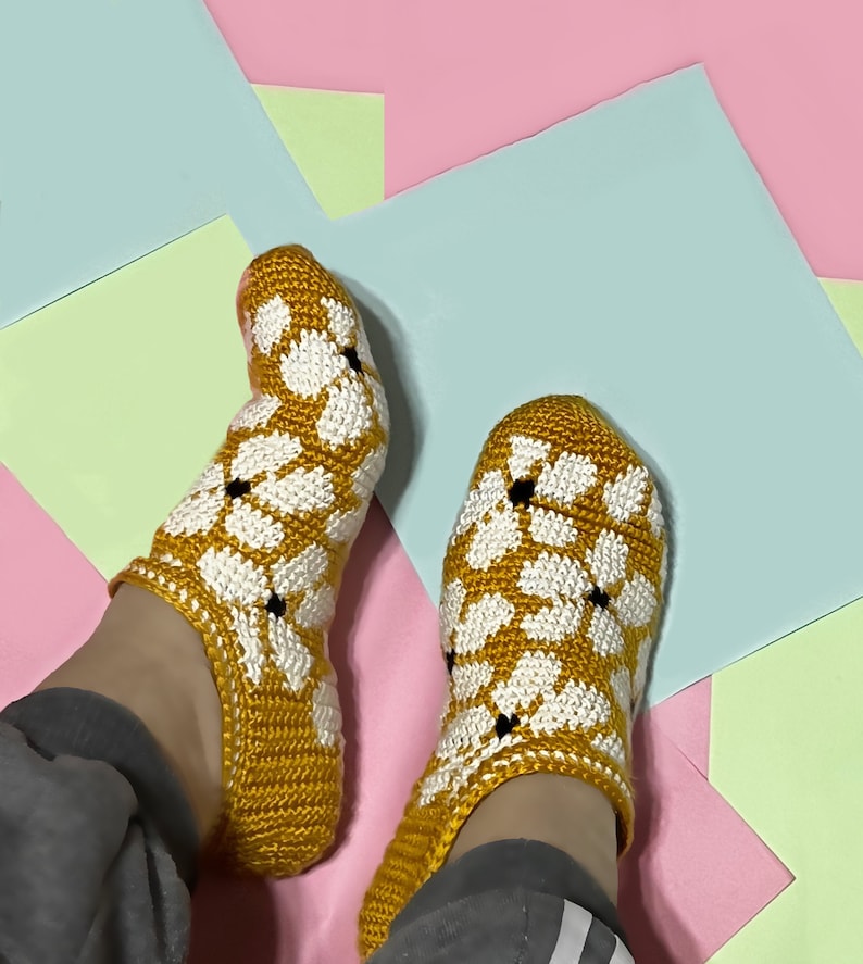 crochet socks pattern, crochet slippers pattern, PDF pattern, sock for her, toe up crochet sock pattern, tapestry crochet , flower sock image 4