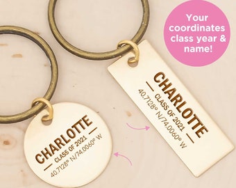 Personalized Graduation Keychain, Custom Grad Gift Key Chain, Class of 2022, Coordinates, Name and Class Year, College Graduation Gifts