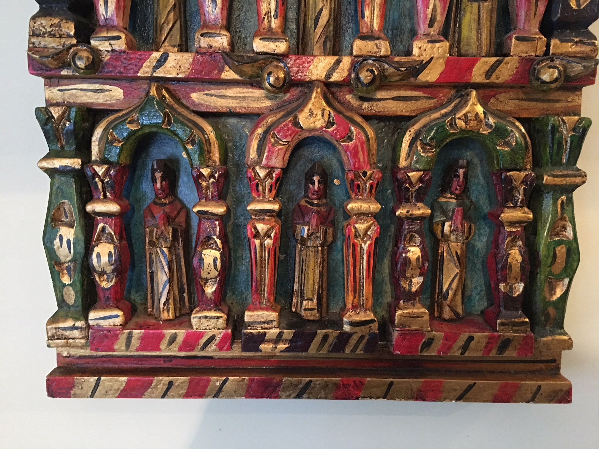 Mexican Retablo Religious Folk Art Wood Carved Retablo Catholic Holy Saints in Nichos
