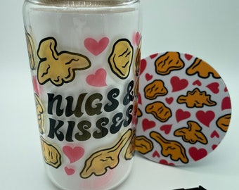 Nuggs and Kisses 16oz Glass Cup with lid & straw | Iced Coffee Cup | Beer Can | Iced Coffee Glass | Water | Alcoholic