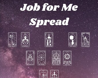Może przedstawiać: Rozkład kart tarota na tle fioletowego, gwiezdnego nieba. Rozkład nosi tytuł "Job for Me Spread". Karty są ułożone w siatkę, a nazwy kart są widoczne pod każdą kartą. Karty to: Pustelnik, Siła, Hierofanta, Księżyc, Mag, Kapłanka, Koło Fortuny, Rydwan, Słońce, Umiarkowanie, Sprawiedliwość.