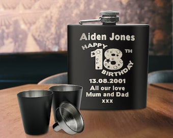 Personalised Boys Mens 18th Birthday Black Hip Flask Gift Set Engraved Present Idea For Sons Nephews Grandsons Godsons Eighteenth Birthday