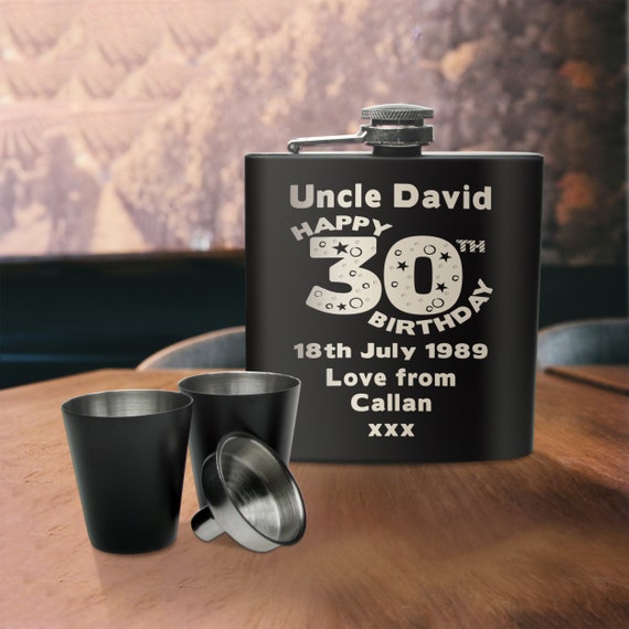 Stainless Steel Engraved Hip Flask with Solid Pewter Happy Birthday Feature Mens 30th Birthday Gift Mens Birthday Gifts