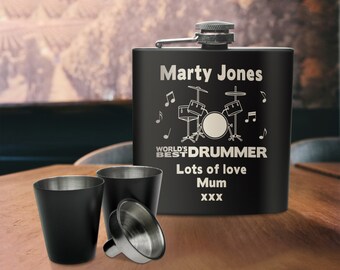 World's Best Drummer Personalised Black Hip Flask Gift Set Engraved Birthday Christmas Drumming Present Idea For Dad Husband Son