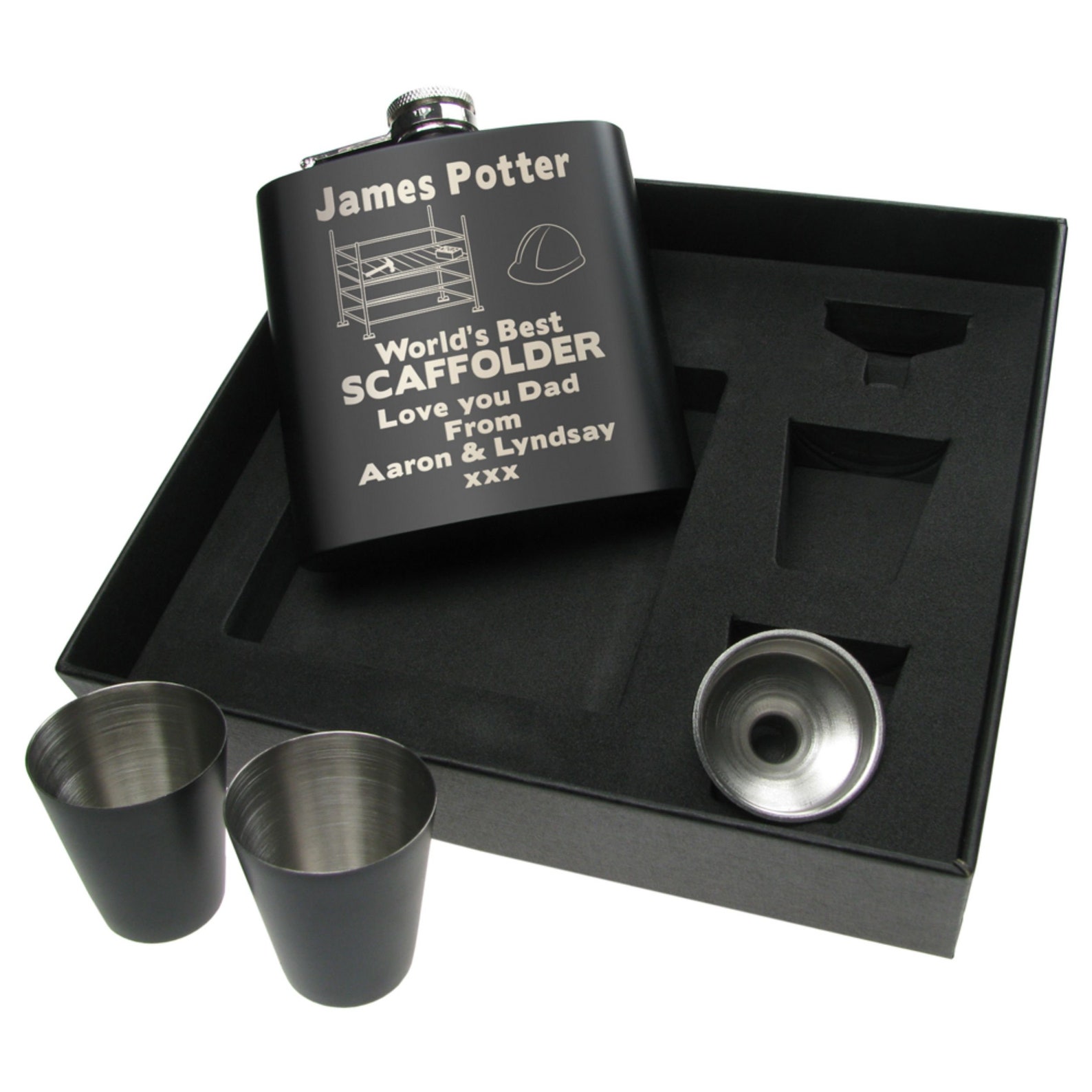 thumbnail image 2 of Personalised Black Leather Hip Flask Set With 4 Cups & Gift Box - 7oz 2 of 4