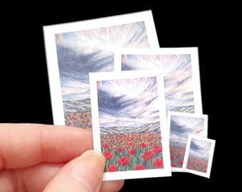 Poppy Sunset Landscape Picture | Miniature Set of Dolls House Pictures | Modern Miniature Art Painting