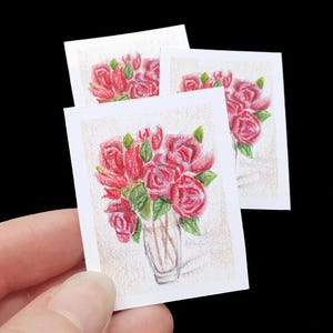 Romantic Pink Roses in Glass Vase - Miniature 1:12 Scale Dollhouse Floral Picture