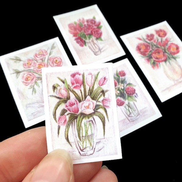 Rosa Blumenbilder - Handgefertigte Miniaturen für Puppenhaus Sammler