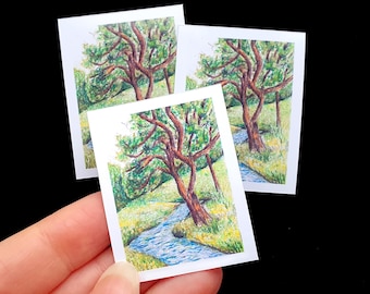 Miniature Summer Picture - Relaxing Tree by a River - Small Art Perfect for Dollhouse Enthusiasts