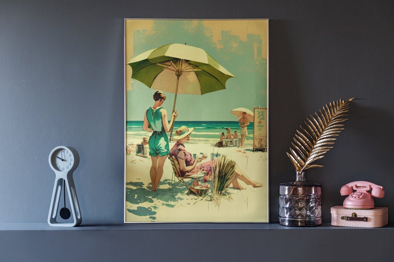 Vintage Beach Scene Wall Art Printable Coastal Art Print Etsy