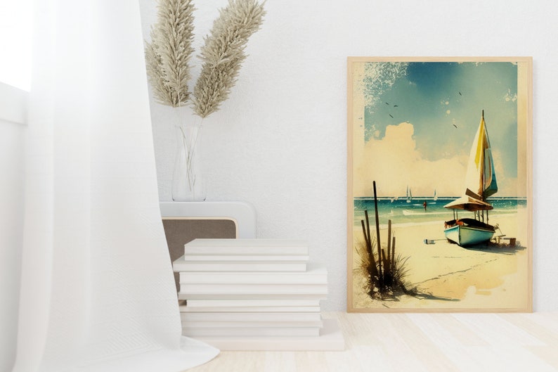 Vintage Beach Scene Wall Art Printable Coastal Art Print Etsy